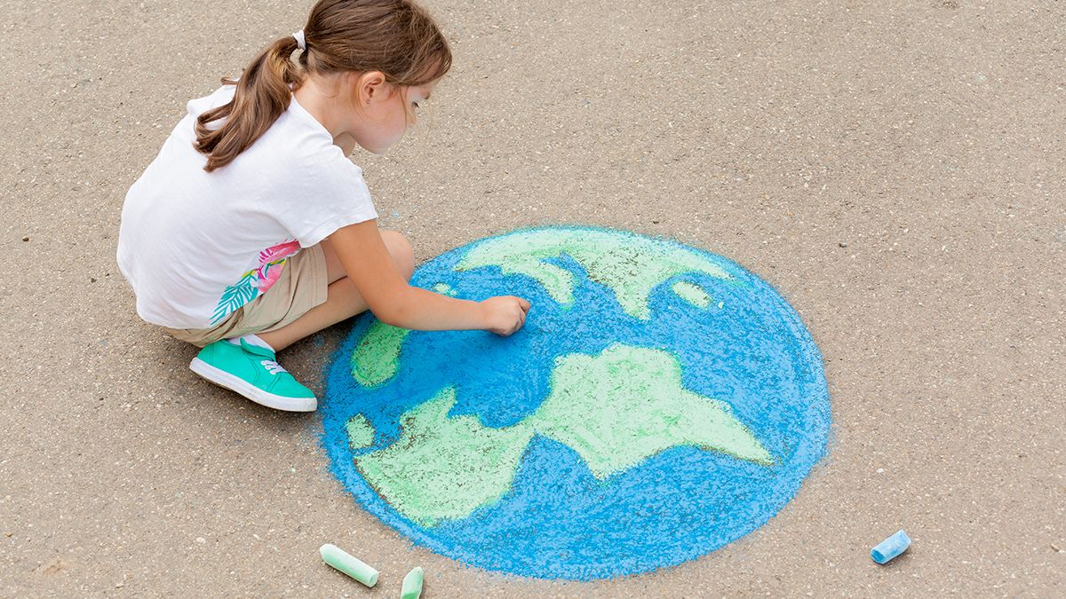 Kids,Play,Outdoors.,Child,Girl,Draws,A,Planet,Globe,With