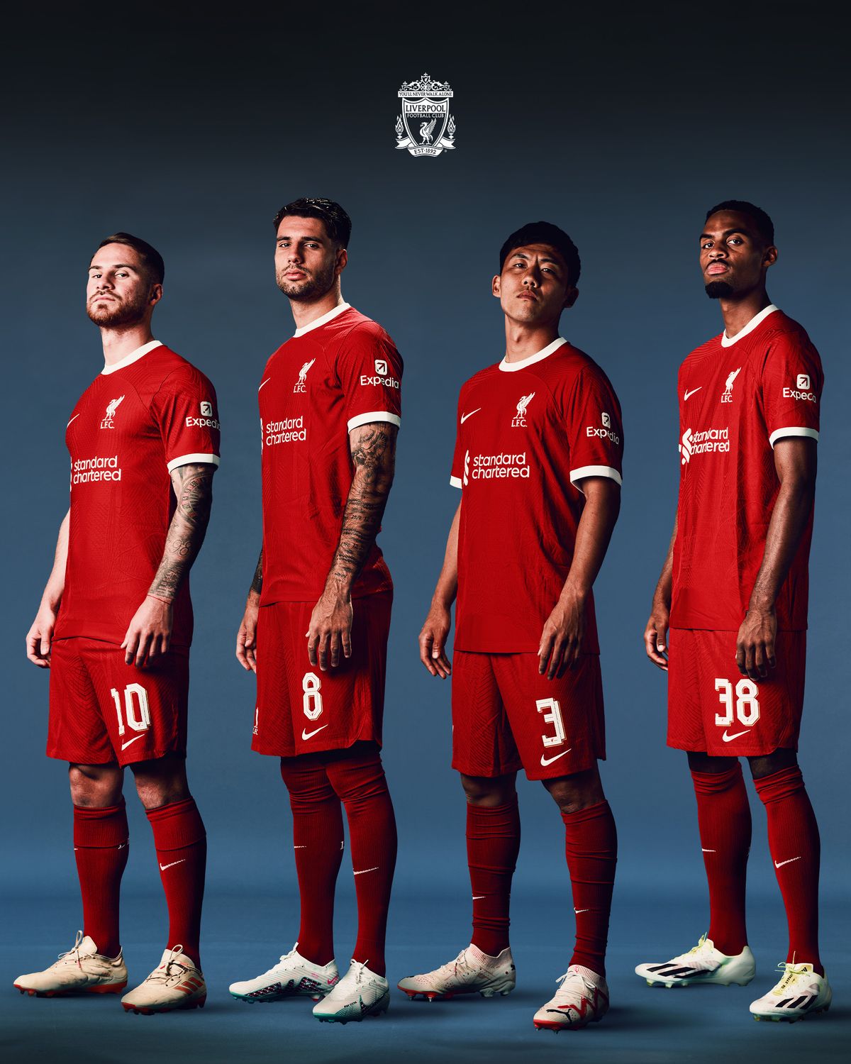 A Liverpool új középpályásai (balról jobbra): Mac Allister, Szoboszlai, Endo és Gravenberch