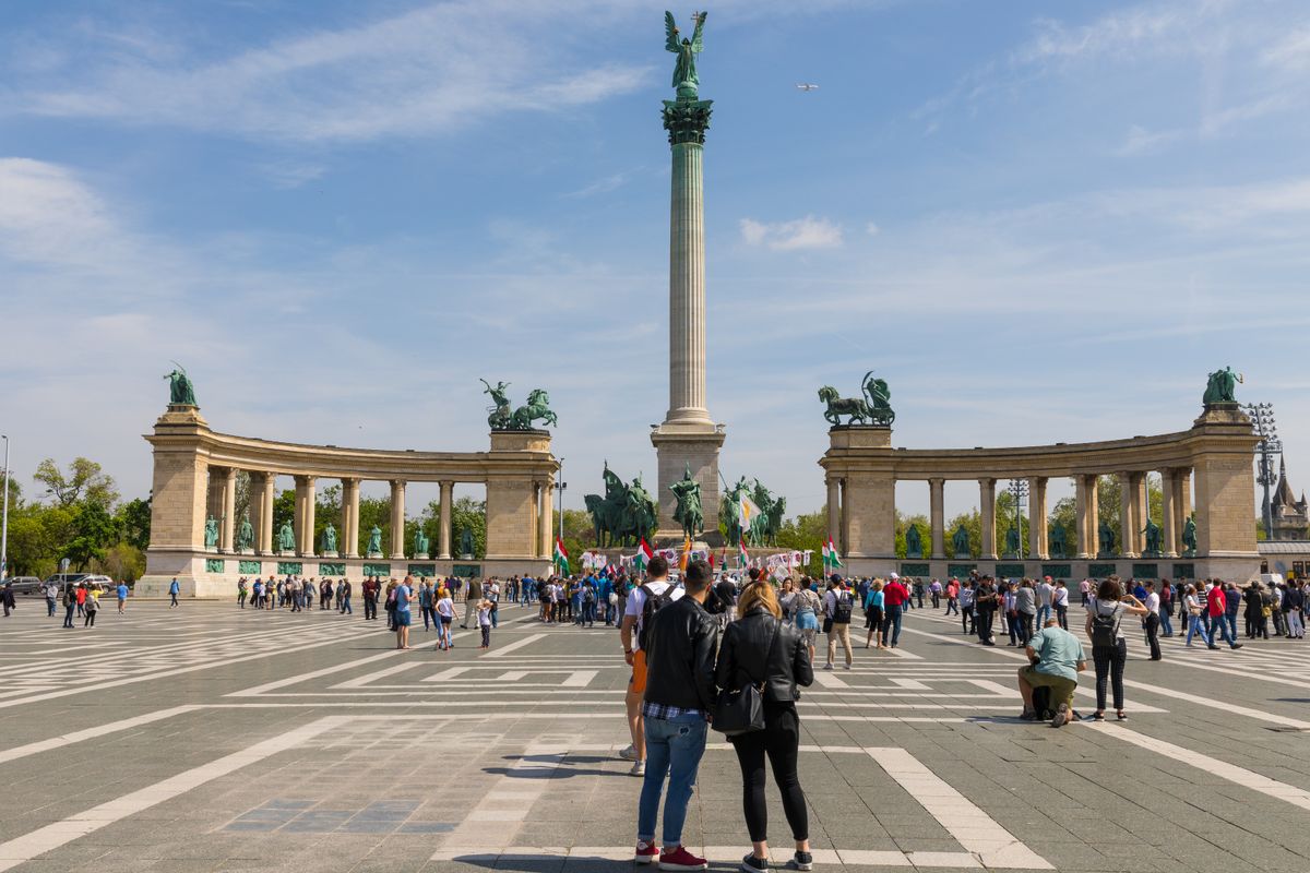 Budapest,,Hungary,-,25,April,2019:,Heroes,Square,Monument,And