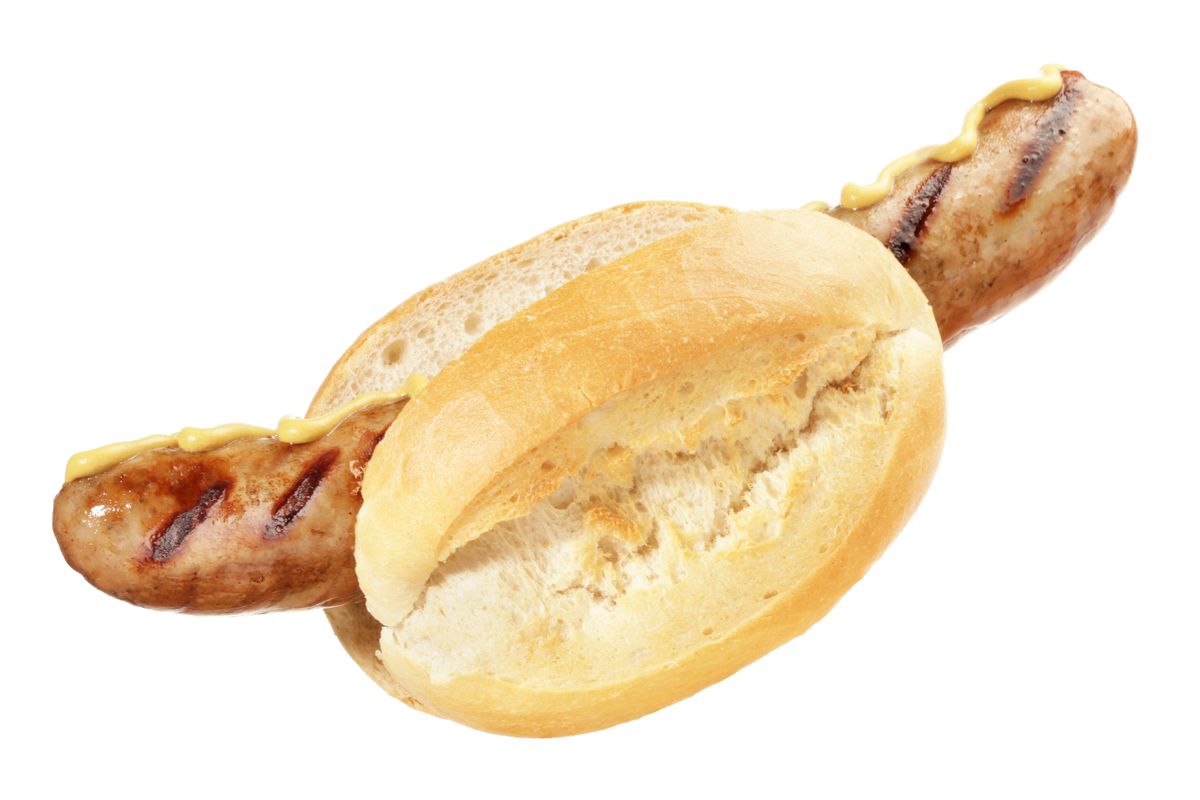 Sausage,In,A,Bun,With,Mustard.,Isolated,On,White,Background.
