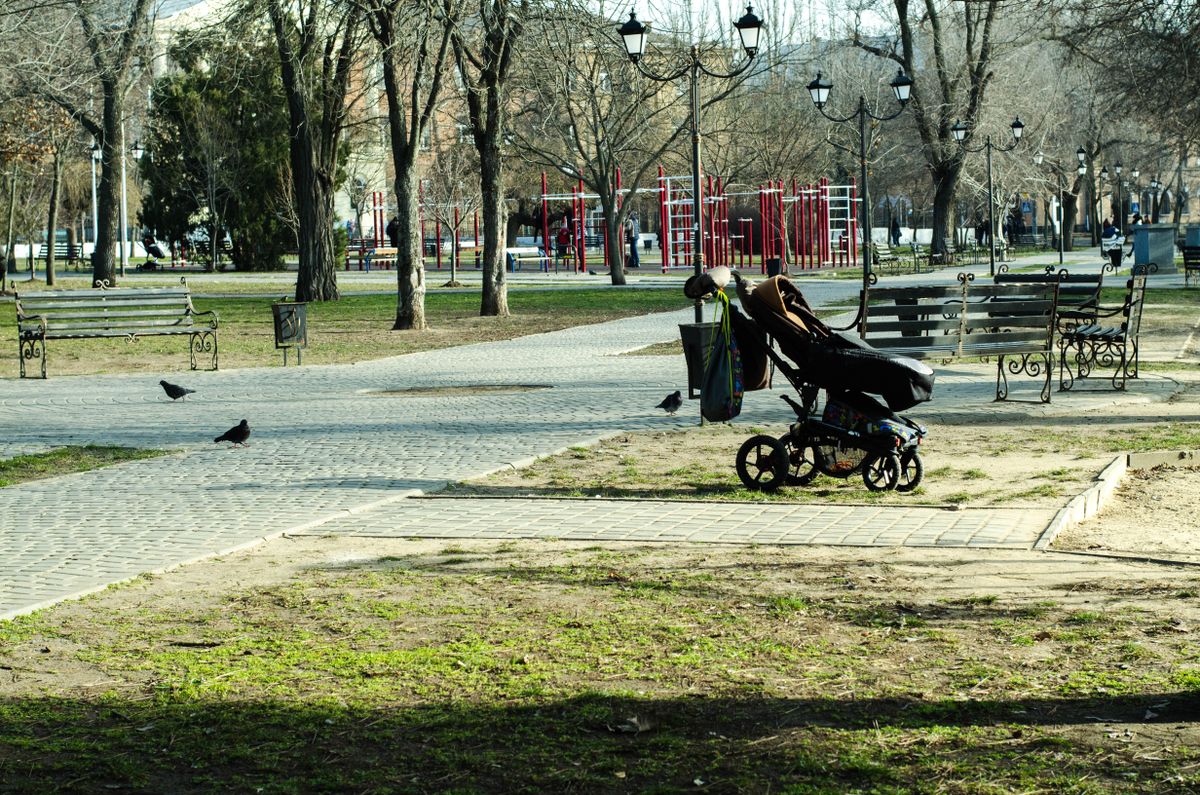 Empty,Baby,Stroller,In,The,Park.,Pram,In,The,Playground.