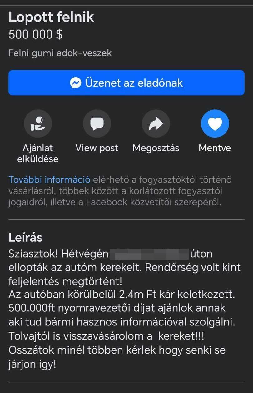 A pesti férfi Facebook-hirdetésben üzent a tolvajoknak /