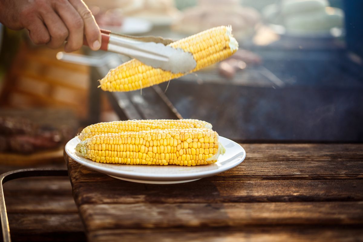 Young man roasting corn on grill.