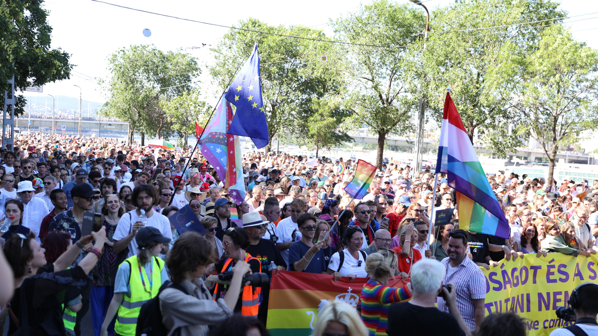 Porba dobta a kokárdát, szivárványos zászlót lengetett a nőnek öltözött férfi a budapesti Pride-on