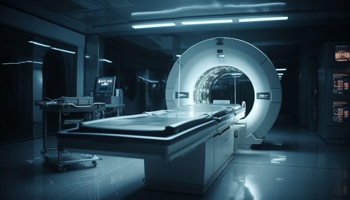 Modern hospital machinery illuminates blue MRI scanner generated by AI