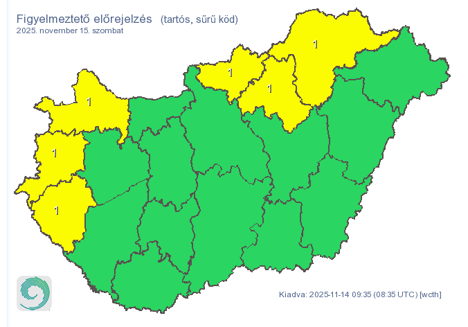 alt=Több vármegyére elsőfokú figyelmeztetést adtak ki a sűrű köd miatt
