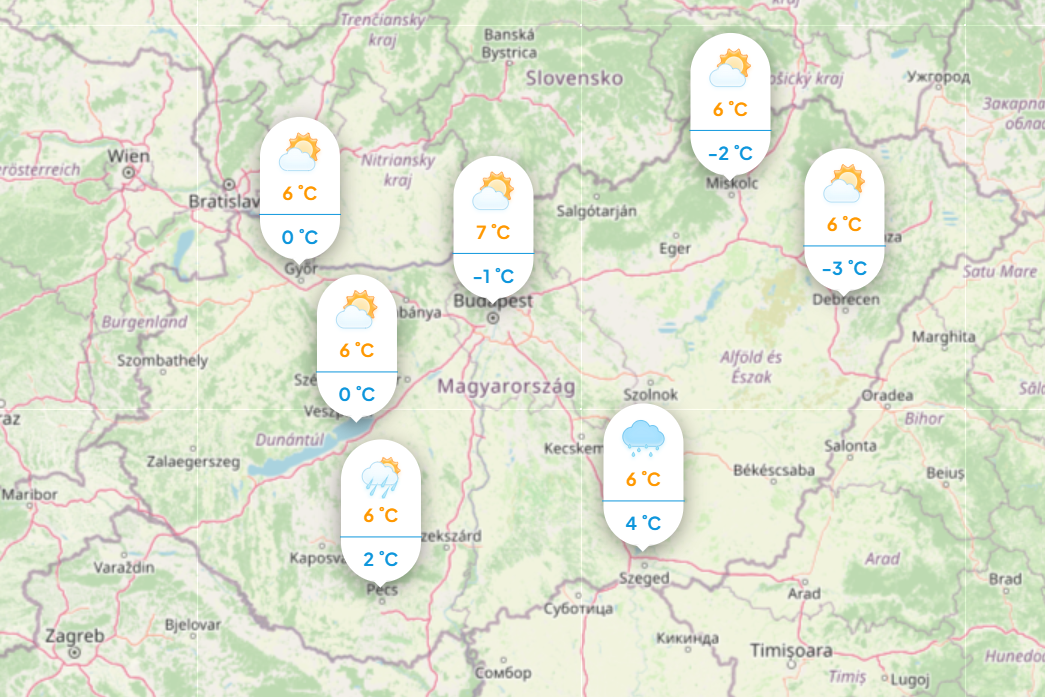 Időjárás: Mutatjuk a napi hőmérsékletet szerdán. Forrás: Köpönyeg.hu