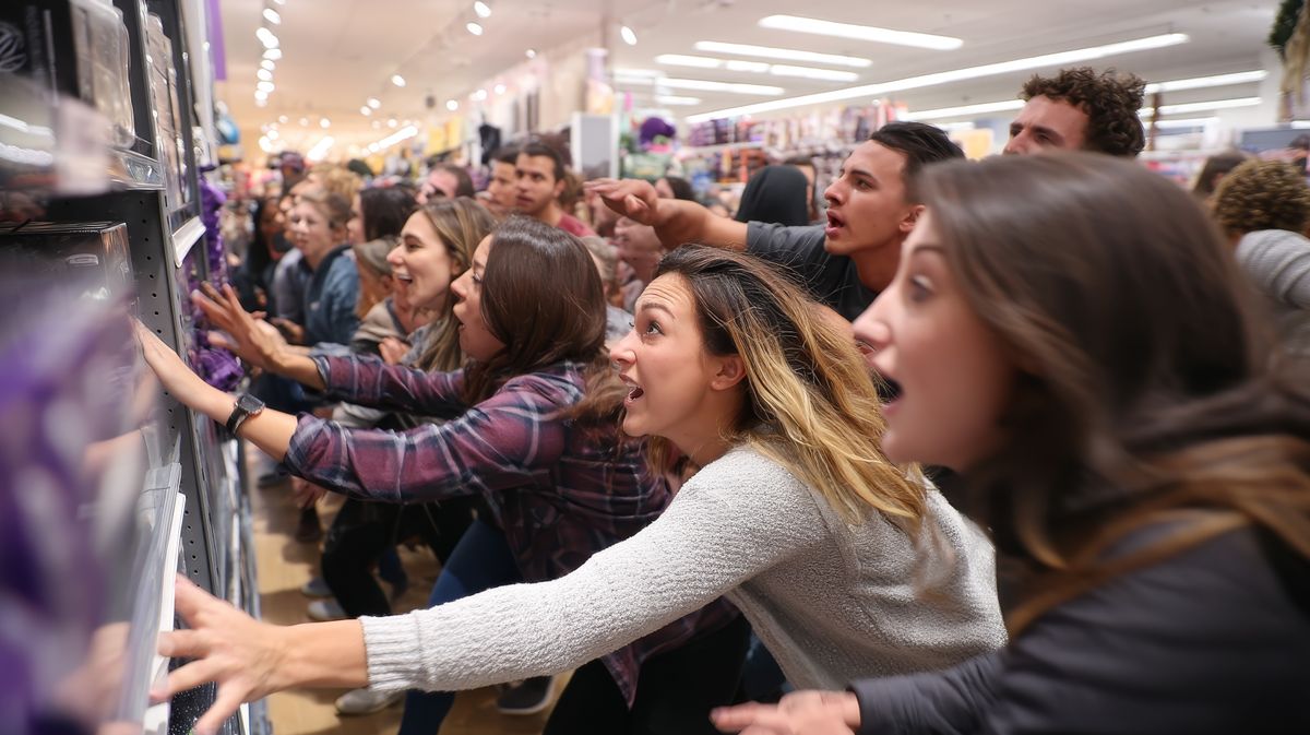Megőrült vásárlók nyújtják kezüket az áruval teli polc felé a Black Friday napon.