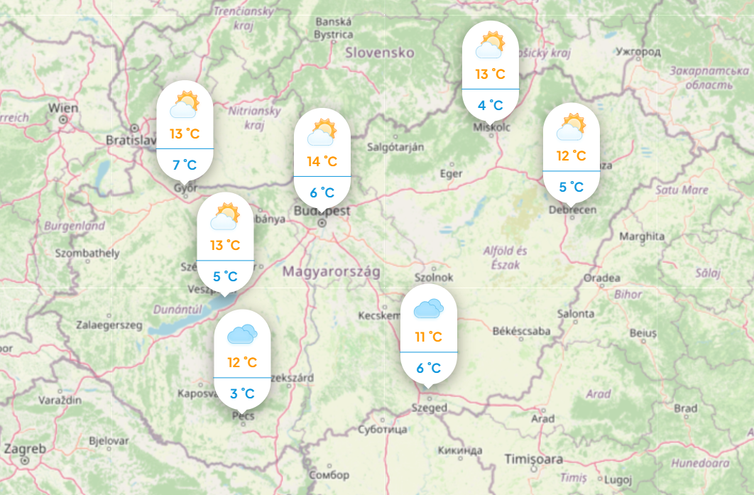 Időjárás: Mutatjuk a napi hőmérsékletet hétfőn. Forrás: köpönyeg.hu