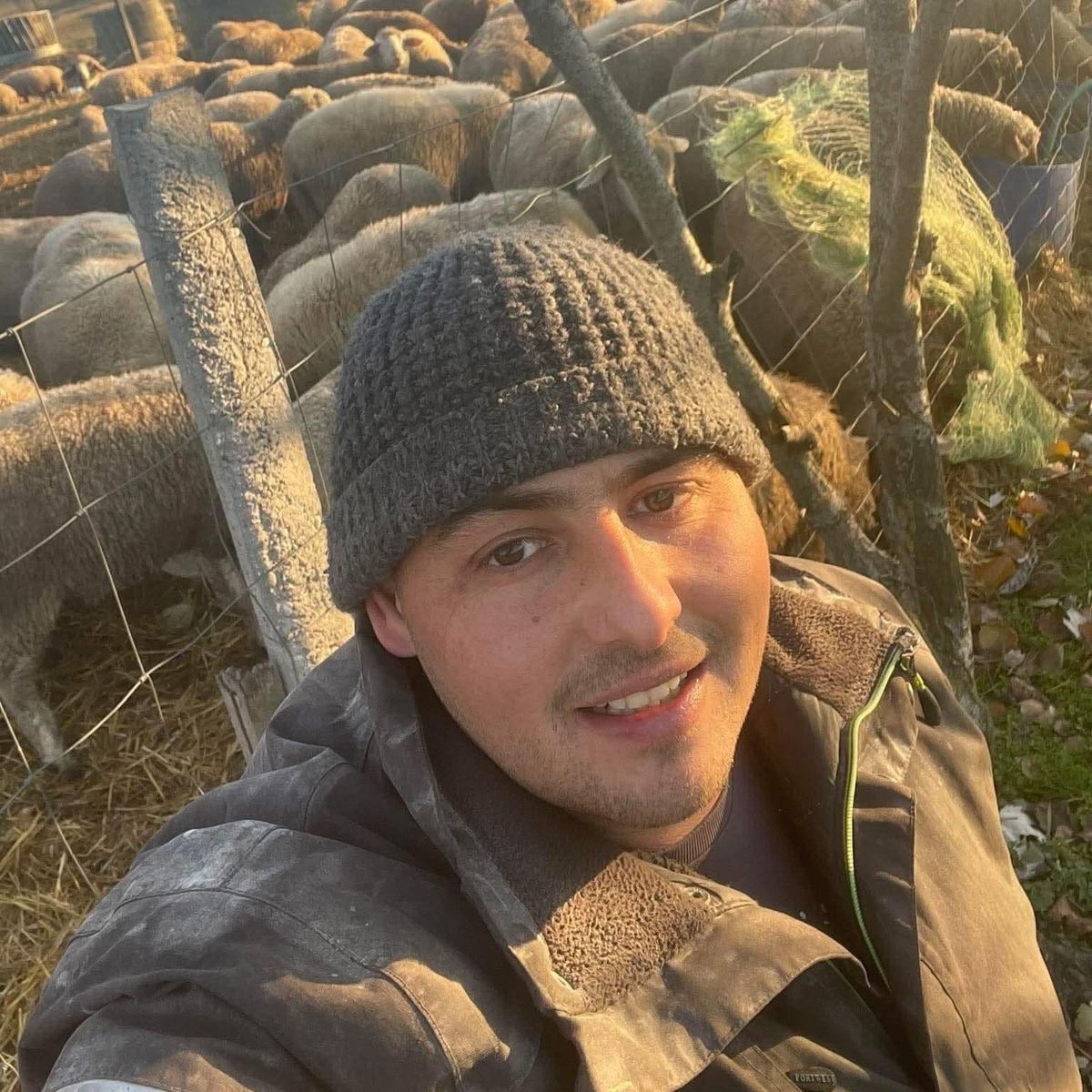 Bárányaival készít szelfit az őstermelő vállalkozó a vaskerítés előtt.