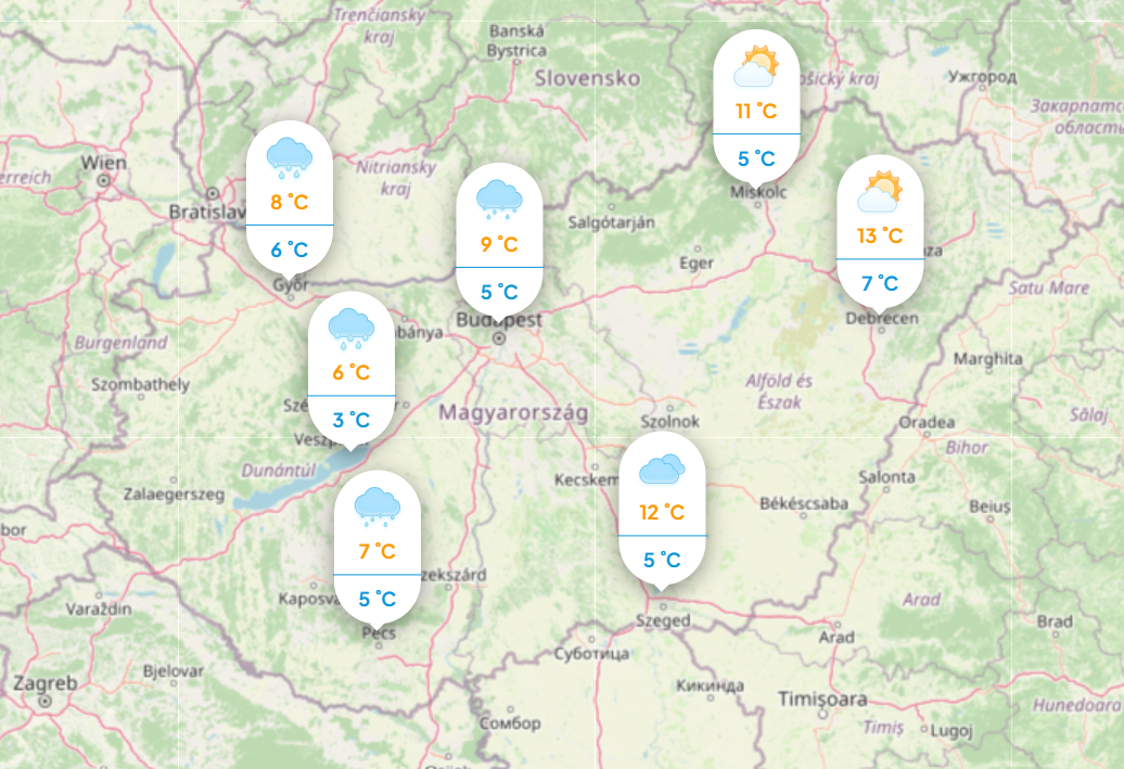 Időjárás: Mutatjuk a napi hőmérsékletet pénteken. Forrás: köpönyeg