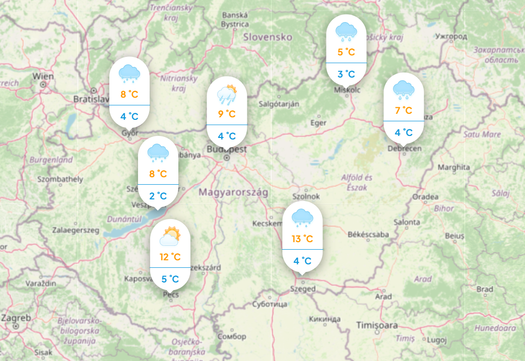 Időjárás: Mutatjuk a napi hőmérsékletet pénteken. Forrás: Köpönyeg.hu