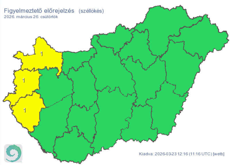 Elsőfokú riasztást adtak ki három vármegyére, csütörtökön a 70 km/h-t is meghaladhatják a széllökések