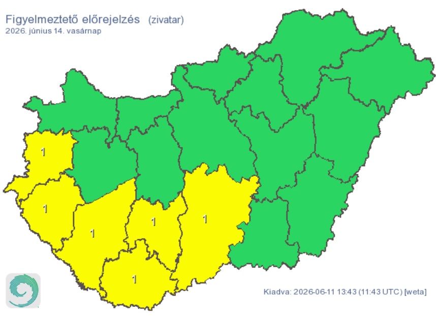 2026. június 14-ére hat vármegyére is riasztást adtak ki 