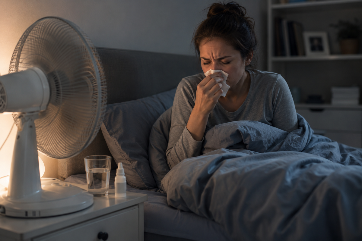 A ventilátor miatt orrát fújó nő.