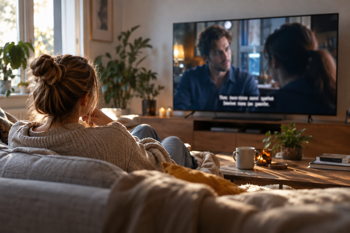 Z generáció, fiatal nő felirattal nézi a televíziót.